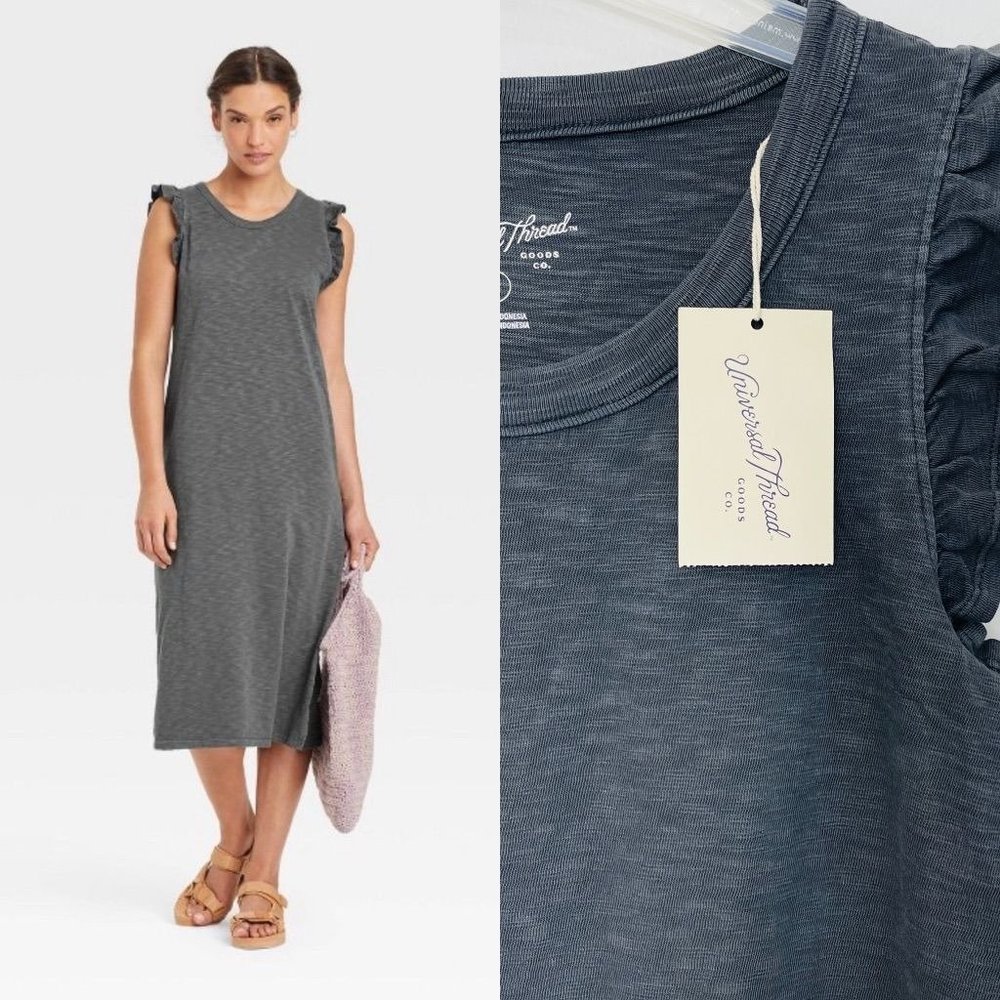 Universal Thread Women's Dress Small Gray Midi Sleeveless Ruffle Tank New